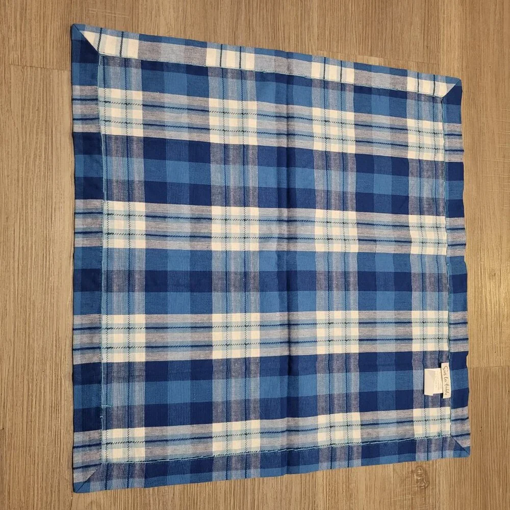 SUR LA TABLE Set of 4 Cotton Bead Trim Blue & White Plaid Placemats 20x20 India